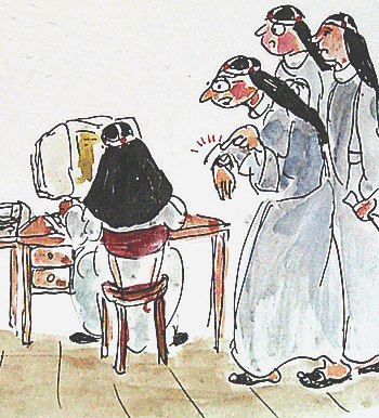 Drawing: Impatient nuns waiting for  the computer